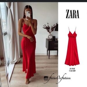 Zara red satin maxi dress with button closure decorative front slit strap dress